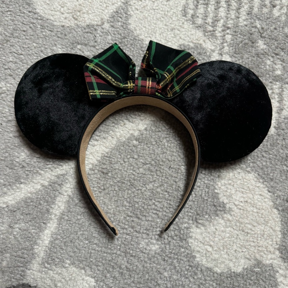 Disney Glitter Plaid Christmas Bow Black Velvet Mickey Minnie Mouse Ears